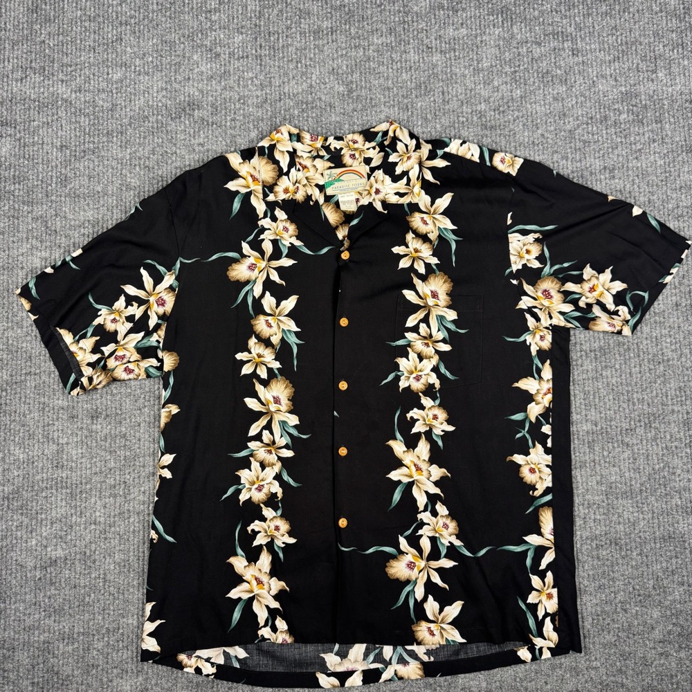 Vtg 90s Paradise Found Hawaiian Shirt Mens L Black Orchid Floral Rayon Aloha